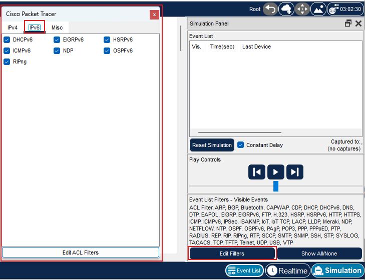 Filtri eventi per i protocolli IPv6 in Packet Tracer