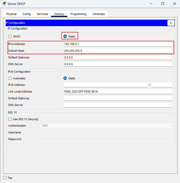 Server-PT: IP statico 192.168.0.1/24