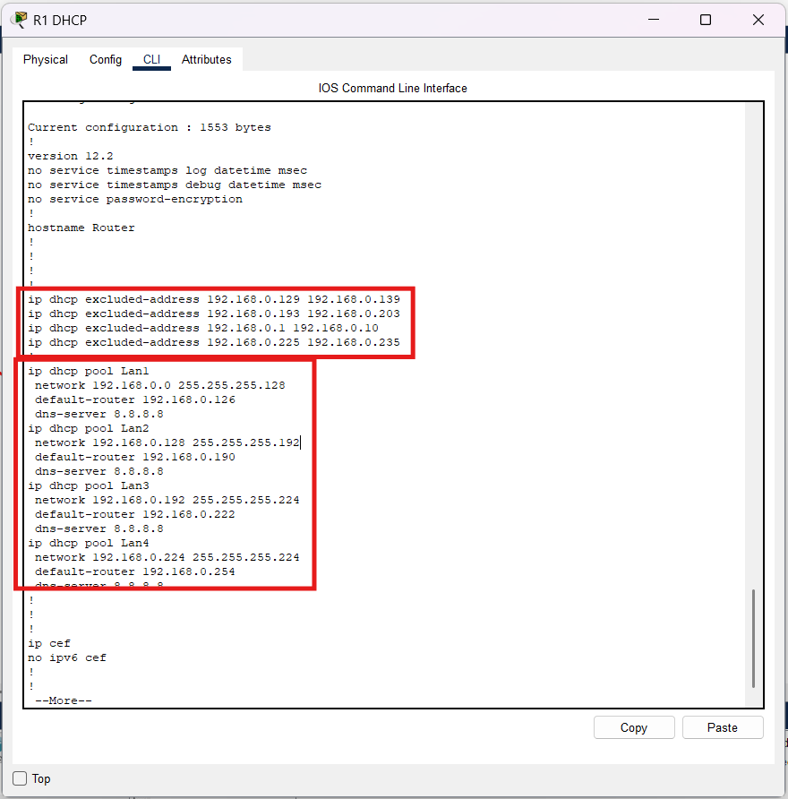 Configurazione DHCP su R1 con excluded-address e quattro pool