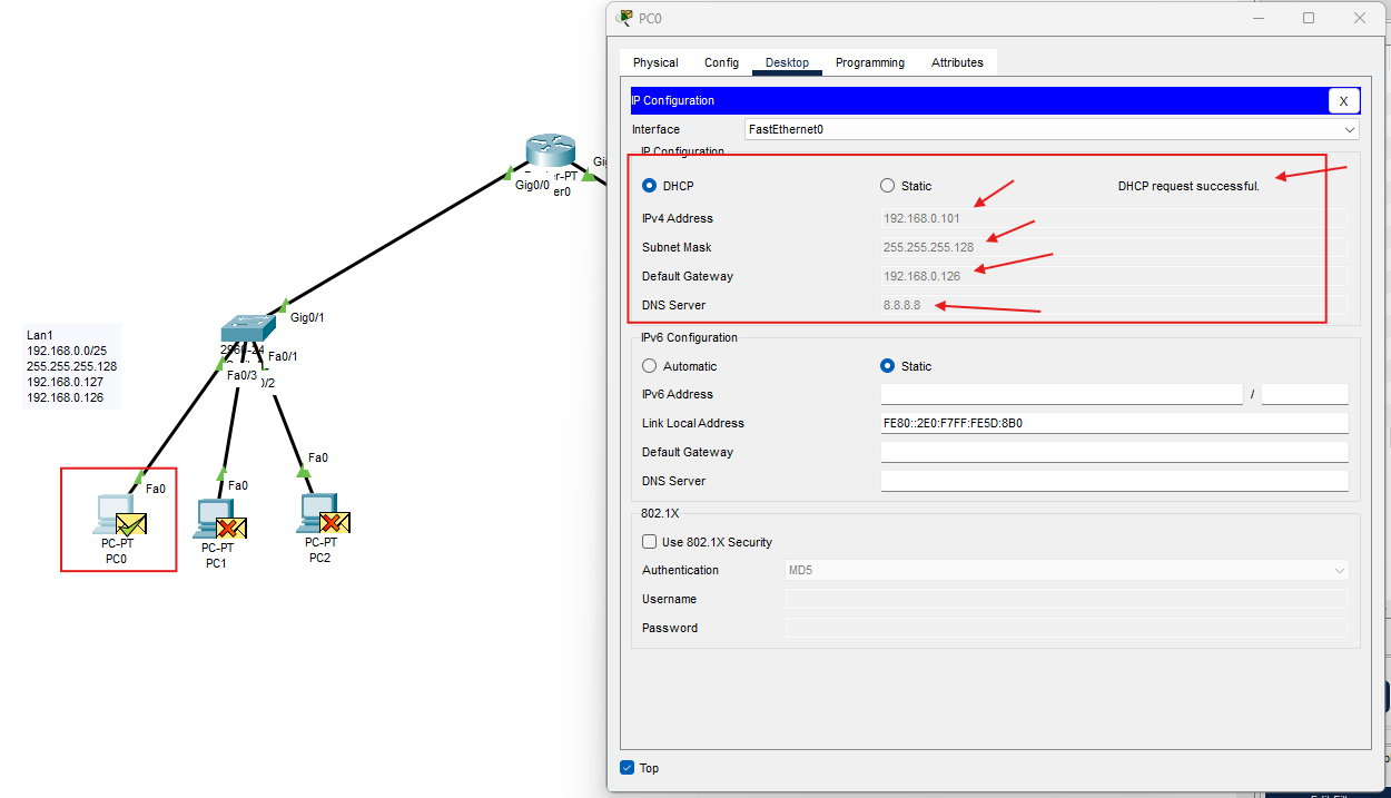 PC Packet Tracer che riceve indirizzo IP, subnet mask, gateway e DNS tramite DHCP