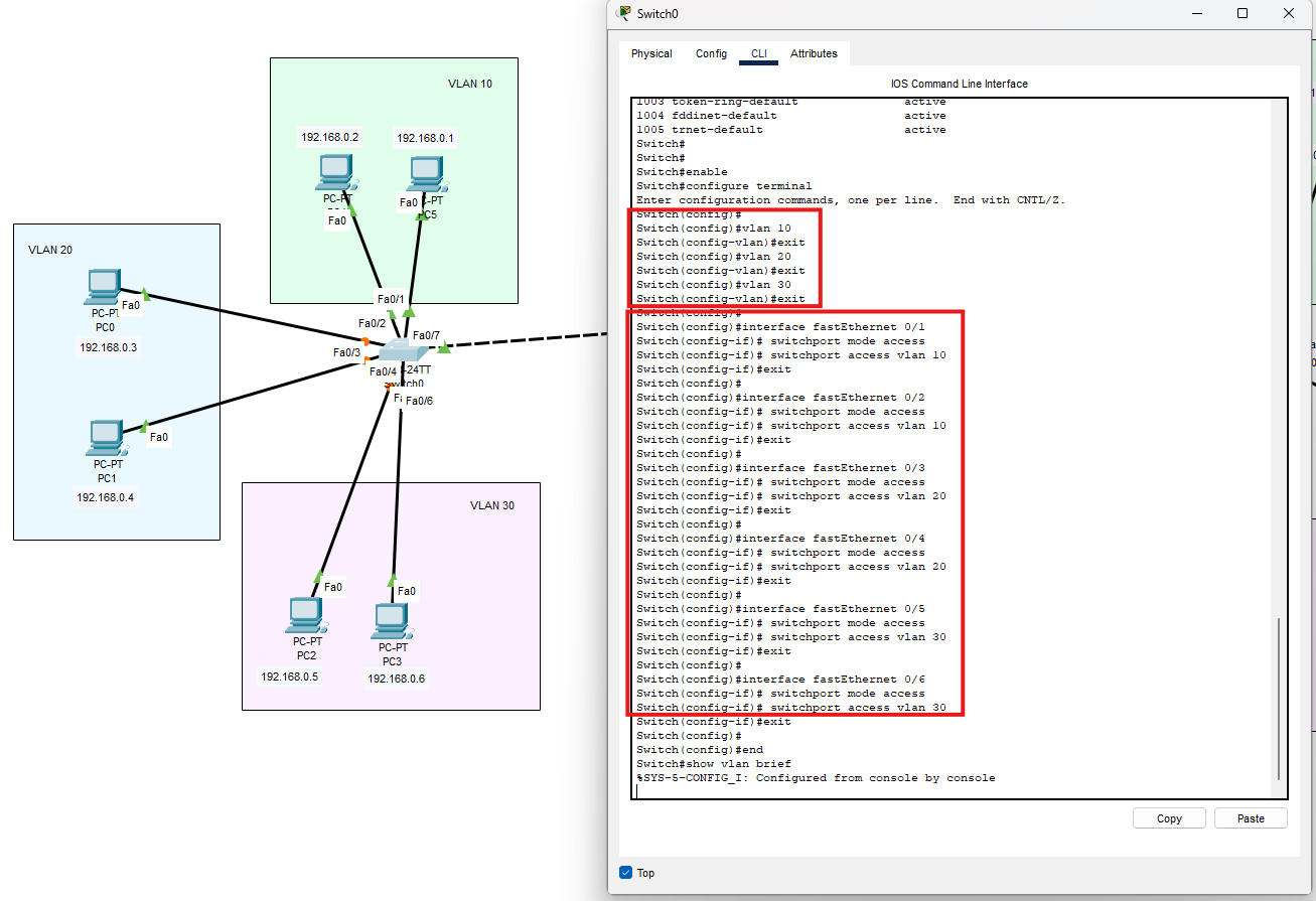 CLI dello switch sinistro: creazione VLAN 10, 20 e 30 e assegnazione delle sei porte access