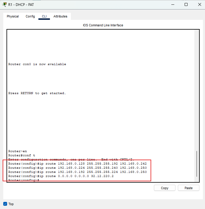 Rotte statiche configurate sul router R1