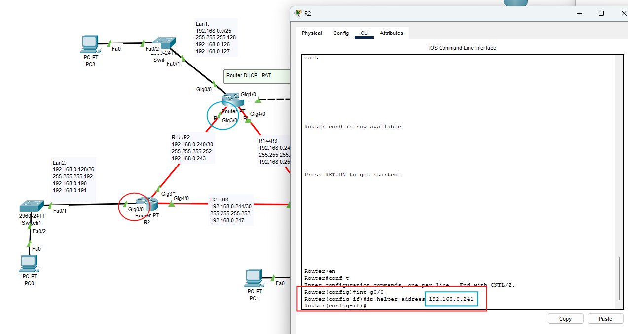 Configurazione ip helper-address sulle interfacce LAN del router R2