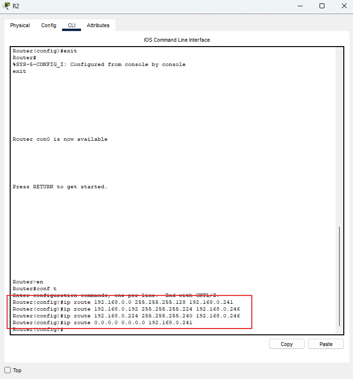 Rotte statiche configurate sul router R2