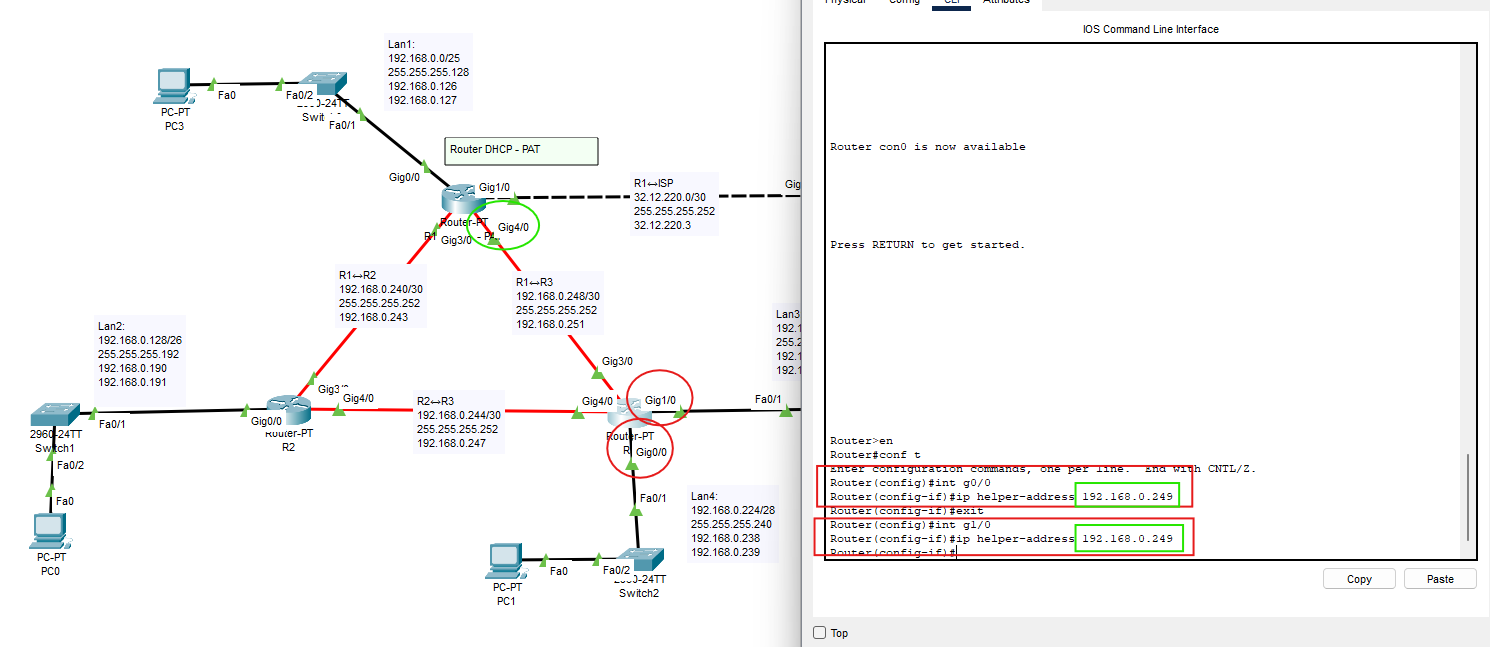 Configurazione ip helper-address sulle interfacce LAN del router R3