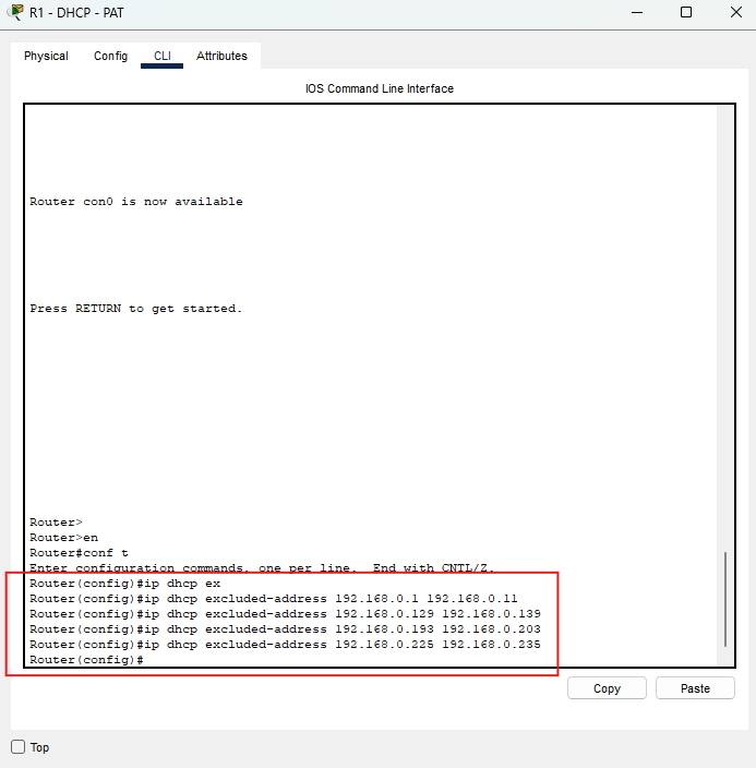 Indirizzi esclusi dal servizio DHCP sul router R1