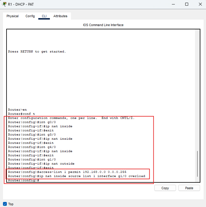 Configurazione NAT inside, NAT outside e PAT overload sul router R1