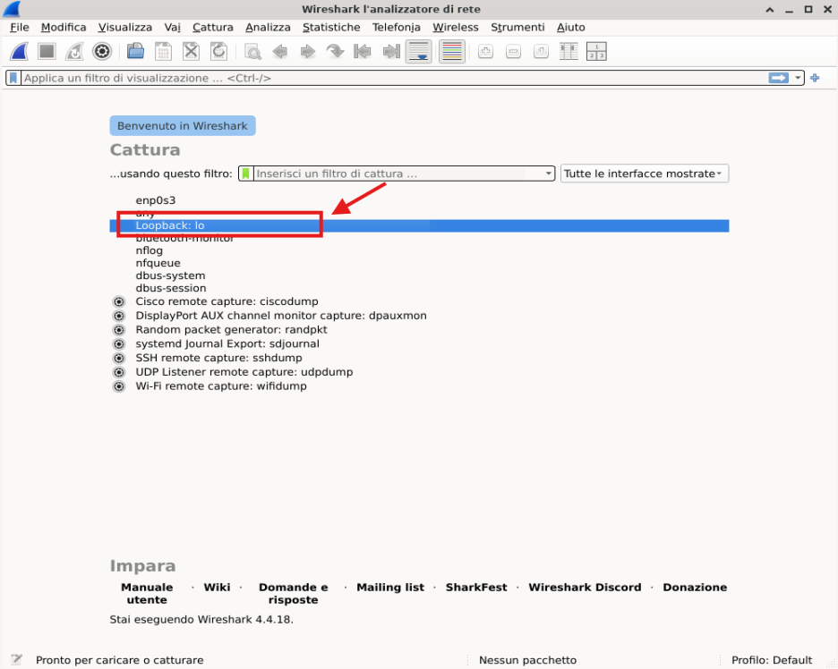 Schermata iniziale di Wireshark con l’interfaccia Loopback: lo selezionata ed evidenziata in rosso.
