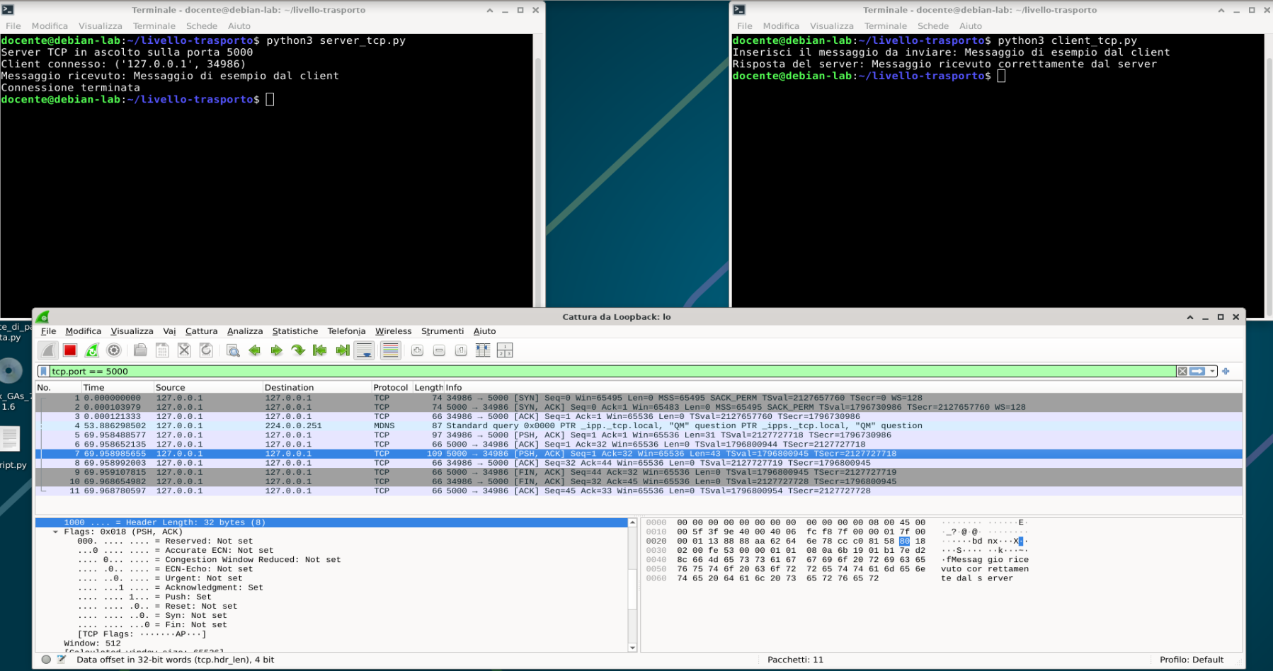 Risposta TCP dalla porta 5000 alla porta 34986, con flag PSH ACK, Seq 1, Ack 32 e Len 43; visibile il testo della risposta del server.
