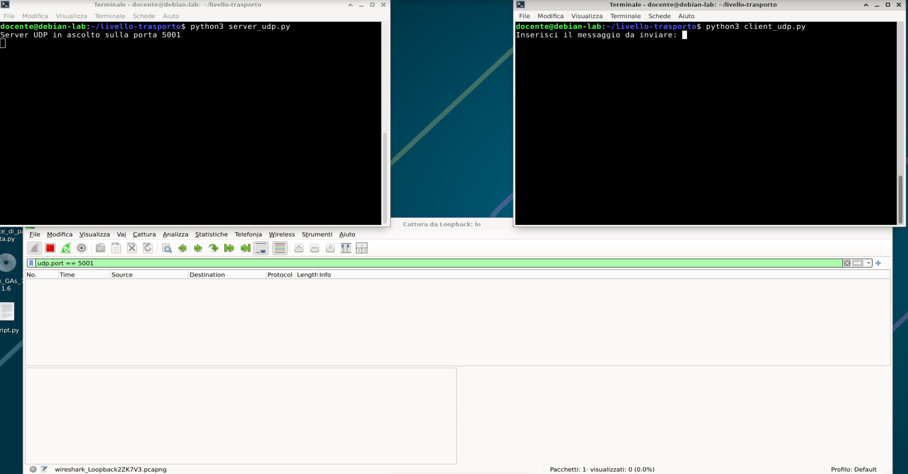 Server Python UDP in attesa sulla porta 5001, client fermo sull’input e nessun pacchetto visualizzato dal filtro udp.port == 5001.
