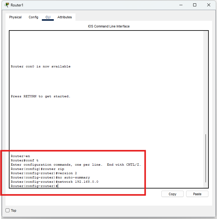 Screenshot configurazione RIPv2 su Router1
