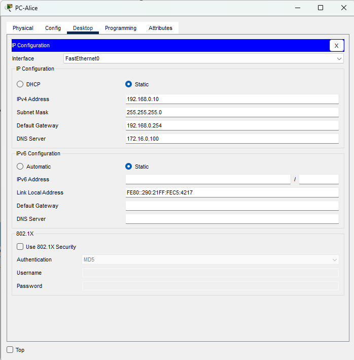 Configurazione IPv4 di PC-Alice
