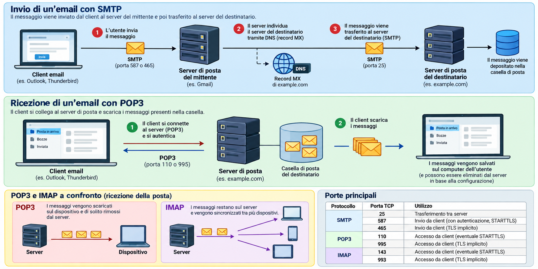 Schema riepilogativo di invio SMTP, accesso POP3 e IMAP e porte TCP