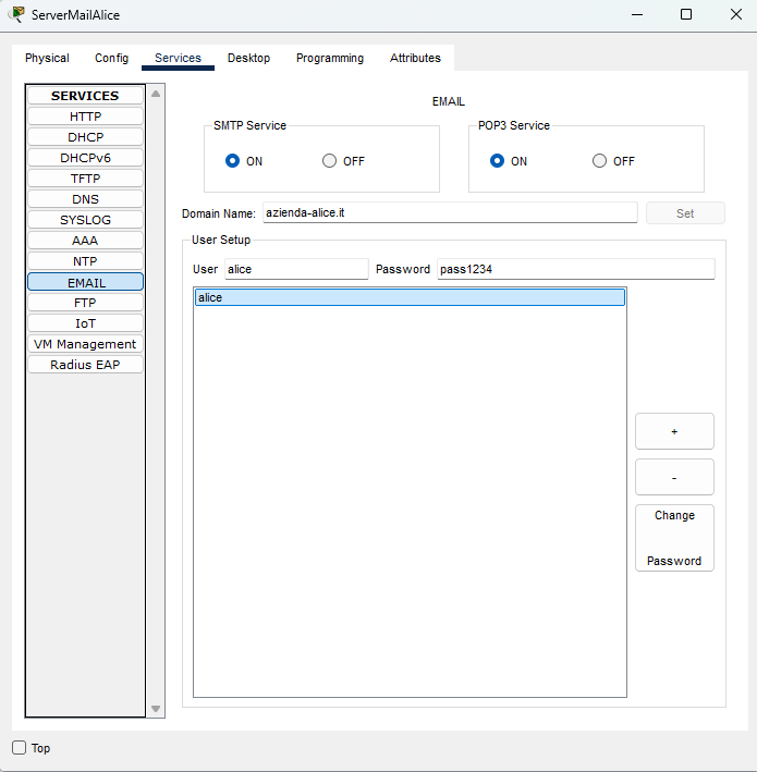 Servizi SMTP e POP3 e account alice sul server di posta di Alice