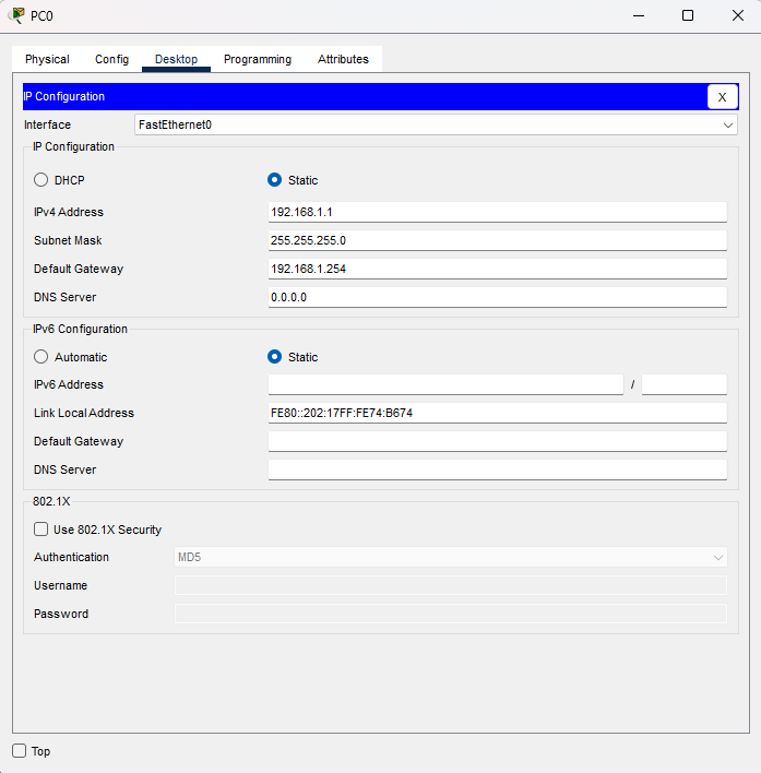 Configurazione PC0 LAN1