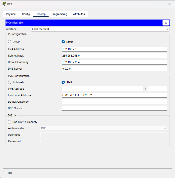 Configurazione PC1 LAN2
